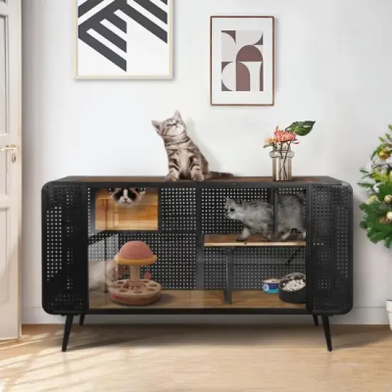 Ridstar 55.12 in. W Black Spacious Cat House with Tempered Glass image {6}