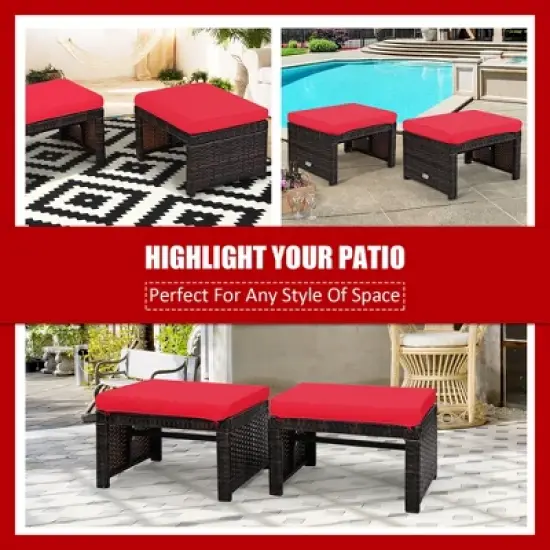 Costway 2PCS Patio Rattan Ottoman Cushioned Seat Foot Rest Furniture Turquoise\Red\White image {3}