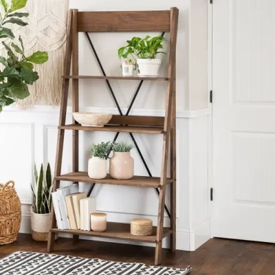 68.25" Boho 4 Tier Solid Wood Ladder Bookshelf Plant Stand - Saracina Home image {2}