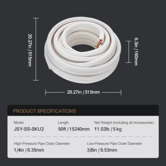 VEVOR 50FT Mini Split Line Set, 1/4" & 3/8" O.D Copper Pipes Tubing and Triple-Layer Insulation, for Mini Split Air Conditioning Refrigerant, White image {7}