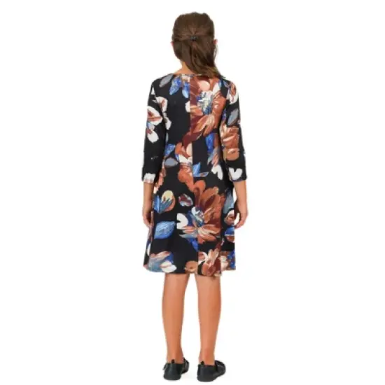 Girls Long Sleeve Black Floral Knee Length Pocket Dress image {2}