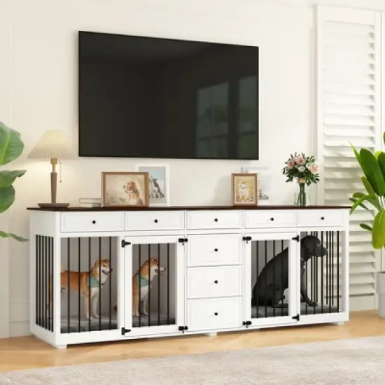 Famapy Large Dog Crate Furniture with Drawers Multifunctional Furniture Style Pet Crate White image {7}
