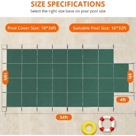 Pool Safety Inground Pool Cover &ndash; Fits 16x32ft Pools with Center Steps, Full Set with Safety Net, Installation Tools, 18x34ft image {1}