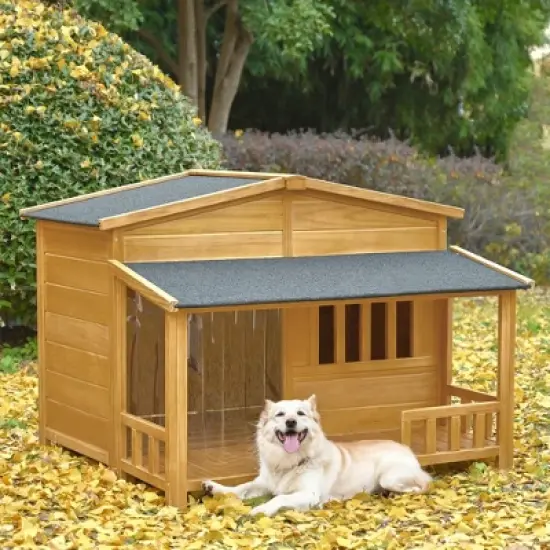 Wooden Dog House, Dog Crate For large dog breeds, Cabin Style Raised Dog Shelter with Asphalt Roof image {12}