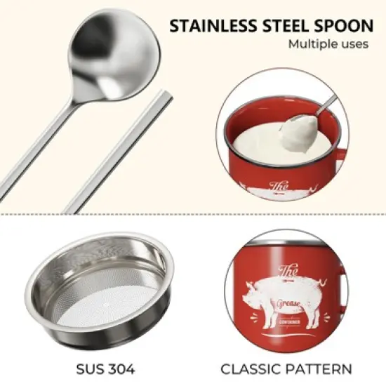 Itopfox Mini Bacon Grease Container With Strainer - Enamel Grease Saver, Farmhouse Bacon Grease Keeper For Kitchen Fat Storage, Dishwasher Safe image {4}