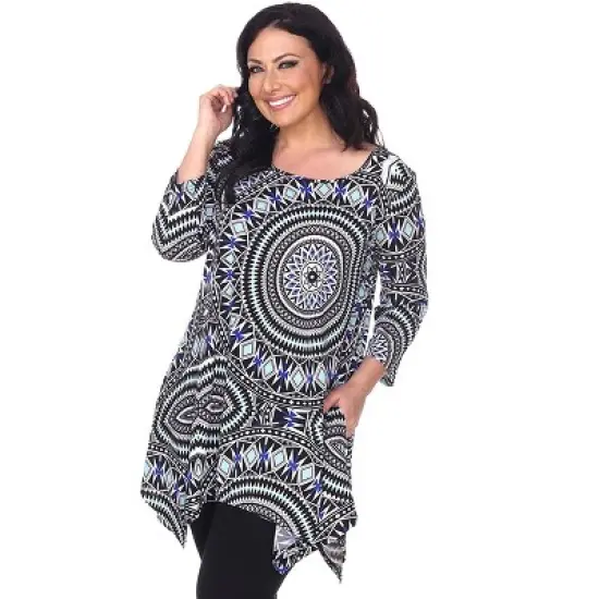 Women's Plus Size 3/4 Sleeve Printed Maji Tunic with Pockets - White Mark image {4}