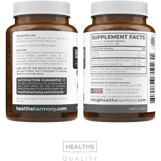 Black Seed Oil + DHA Liquid Capsules, Cold-Pressed Nigella Sativa with Omega 3 DHA for Full Body Wellness & Brain Support, Health's Harmony, 60ct image {7}