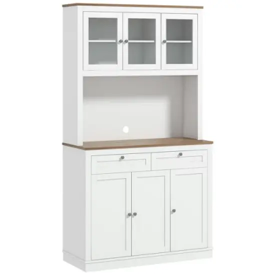 HOMCOM 71" Tall Kitchen Pantry Storage Cabinet with 2 Drawers, Microwave Cabinet with Adjustable Shelves and Glass Doors, White image {3}