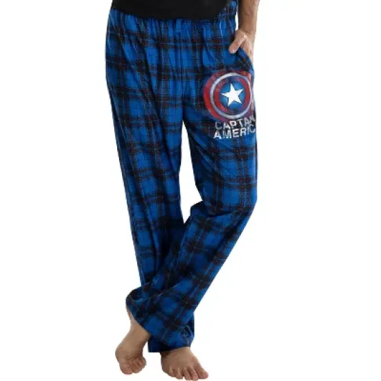 Marvel Mens' Captain America Shield Logo Plaid Pajama Lounge Pants Blue image {1}