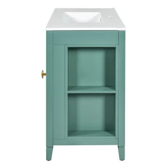 36" Solid Wood Bathroom Vanity with Soft Close Doors, 3 Drawers & Ceramic Sink, White/Lake Green Modern Storage Cabinet - ModernLuxe image {10}