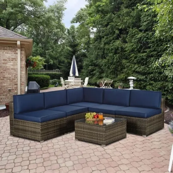 3pc Outdoor Rattan Wicker Conversation Set with Accent Table & Sectional - Brown/Blue - GODEER image {1}