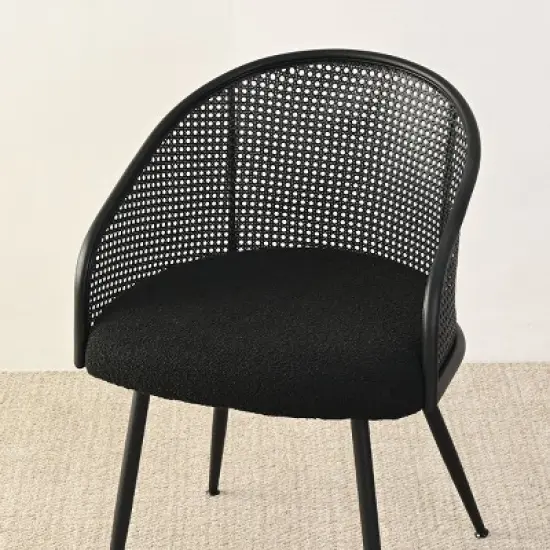 Set of 4 Rattan Dining Chairs, Upholstered Armchairs with Boucl&eacute; Fabric, Metal Legs, and Mesh Cane Back for Kitchen & Dining Room-Maison Boucle image {4}