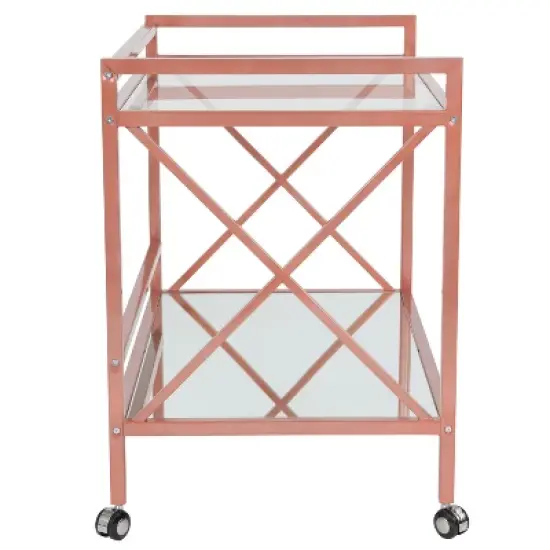 Merrick Lane Rolling Bar Cart Contemporary Kitchen Serving Cart with Mirrored Bottom Shelf and Crisscross Rose Gold Metal Frame image {3}