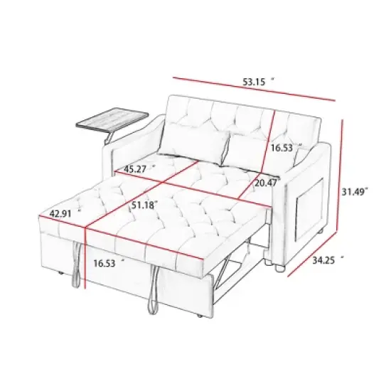 Velvet Sofa Bed with Tufted Back and Seat, 360&deg; Side Table, Adjustable Backrest and Foam Cushion for Living Room image {2}