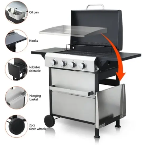 Dolonm 4-Burner 49,200 BTU Gas Grill w/Stainless Plancha & XL Enamel Grids - Foldable Side Tables, 6 Hooks - Outdoor BBQ image {6}