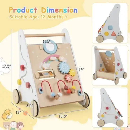 Wooden Baby Push and Pull Sit-to-Stand Learning Walker with Mirror Shape Sorter for 1+ Year Old image {2}