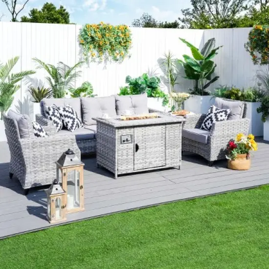 Moda Furnishings 5-Piece Outdoor Wicker Sectional Seating Group with Cushions and Fire Pit image {2}