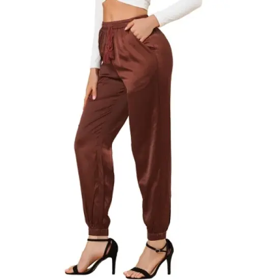 Allegra K Women's Drawstring Elastic Waist Athleisure Pants Ankle Length Satin Joggers with Pocket image {7}