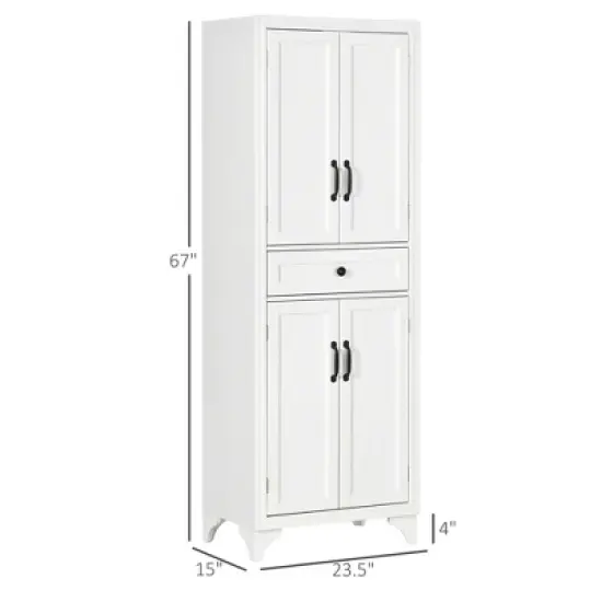 Gulches Classic 67" Tall Freestanding Kitchen Pantry Cabinet - 4-Door with Drawer & Adjustable Shelves, White 23.5"W x15"D x67"H image {4}