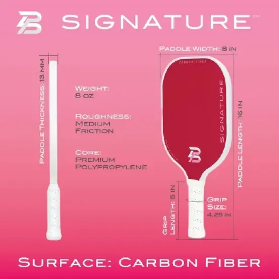 PBPRO Signature Carbon Fiber Pickleball Paddle&nbsp;- Pink: Polypropylene Core, 4-1/4" Grip image {2}
