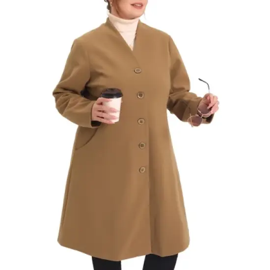 Agnes Orinda Women's Plus Size Trendy Elegant V Neck Single Breasted Long Fleece Coats image {1}