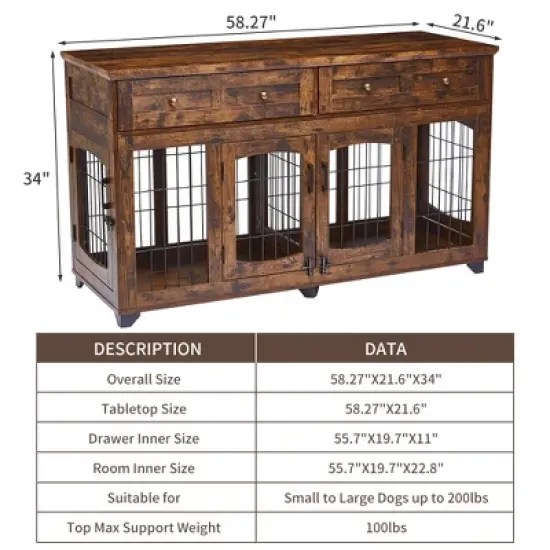 58 Inch Dog Crate Furniture &ndash; 2 Room Indoor Kennel with Large Drawers, Durable Pet House image {2}