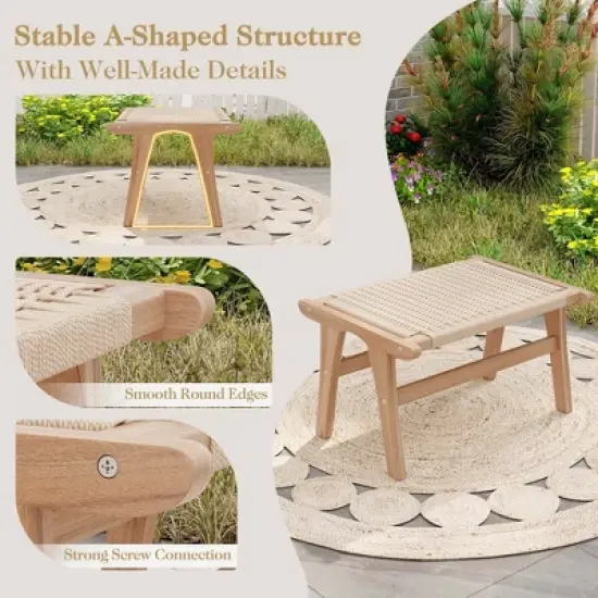 Costway 1/2 PCS Teak Wood Ottoman Footstool with Braided Rope for Living Room Bedroom Office image {6}