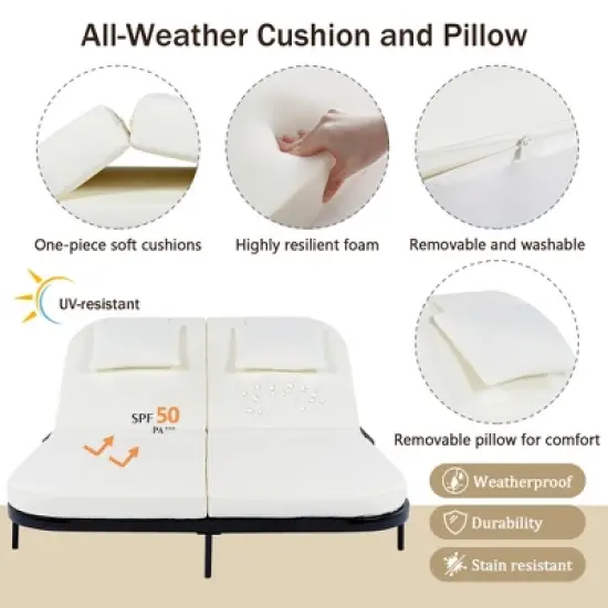 Whisen Outdoor Rattan Daybed with Beige Cushion, 5-Position Adjustable Backrest & Removable Pillows image {4}