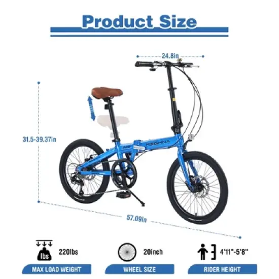 20 Inch Folding Bike, 7 Speed City Commuter Bike, Aluminum Alloy Frame Foldable Bicycle with Rear Derailleur and Dual Disc Brakes for Women Men image {4}