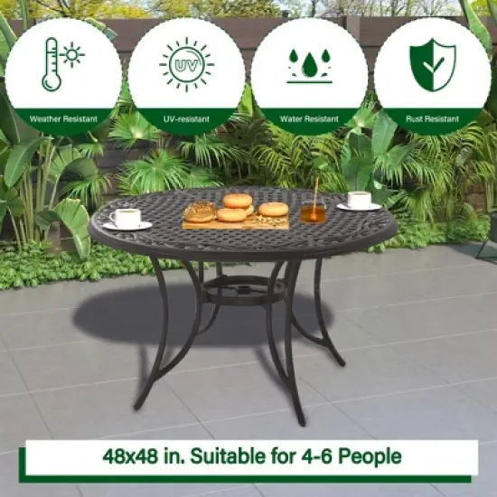 CLIHOME Outdoor 48" Cast Aluminum Medium Round Woven Dining Table With Umbrella Hole image {3}