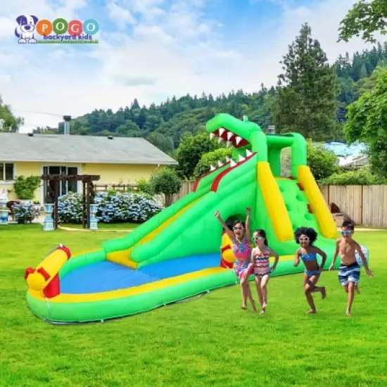 Pogo Bounce House Backyard Kids Home Water Park Inflatable Water Slide Gator with Splash Pool image {3}