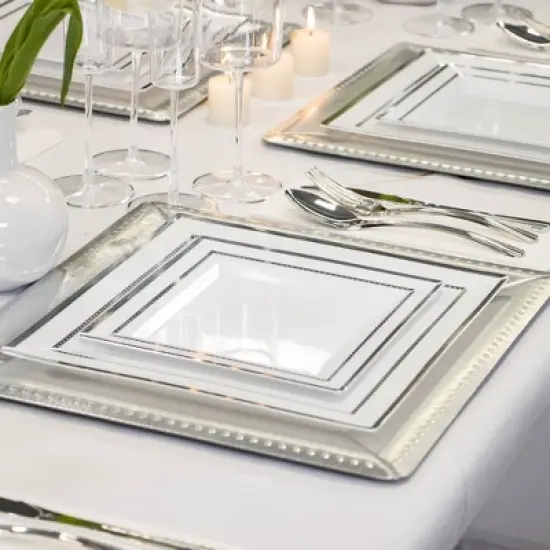 Silver Spoons Disposable Charger and Plate Set for Party, Includes 20 Charger Plates (13&rdquo;), 20 Dinner Plates (10.25&rdquo;) & 20 Side Plates (7.5&rdquo;), Silver image {1}