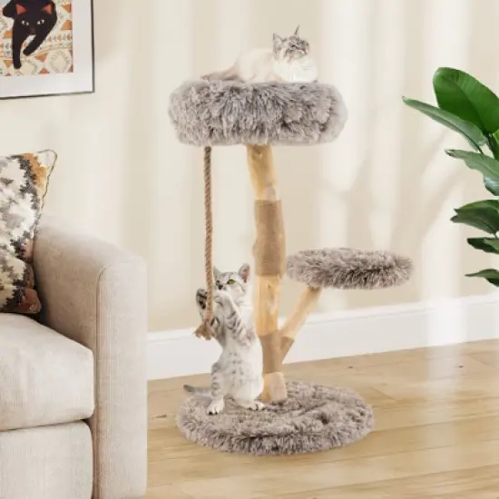 Tangkula Solid Wood Cat Tower Modern Cat Scratching Tree w/Luxurious Perch Teasing Rope image {1}