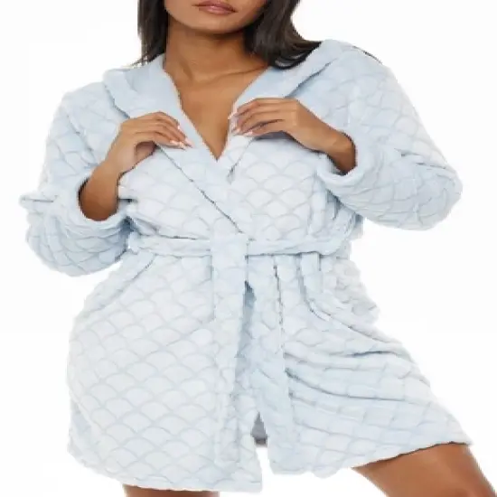Women's Warm Soft Plush Fleece Bathrobe with Hood, Knee Length Hooded Robe, Seashell Scalloped image {10}