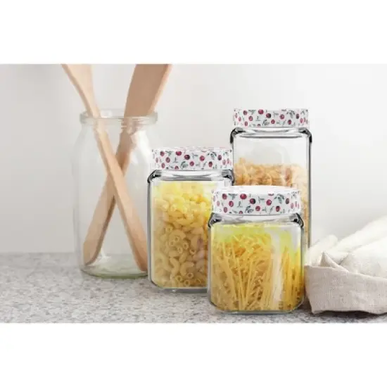 American Atelier Square Clear Glass Jars, Set of 3, Cherry Design on Airtight Lid, For Coffee, Beans, and Dry Goods, 45, 63, and 74-Ounce Capacity image {7}