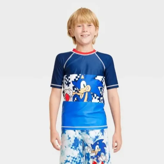 Boys' Sonic the Hedgehog Short Sleeve Rash Guard Swimsuit Top - Blue image {3}