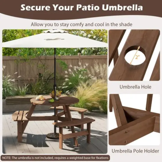 Tangkula 6-Person Round Picnic Table Set w/ 3 Built-in Benches 2" Umbrella Hole image {9}