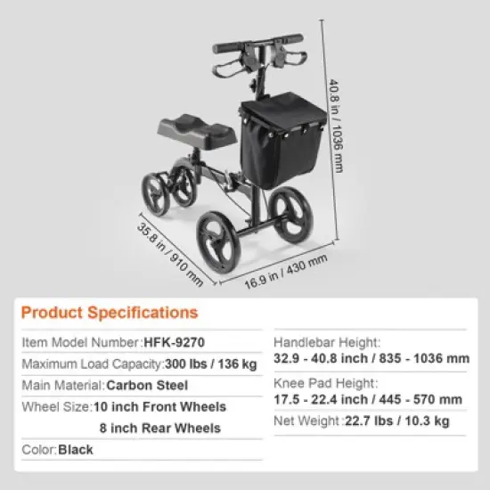 VEVOR Folding Knee Scooter, Carbon Steel Steerable Knee Walker with Height-Adjustable Handlebar & Knee Pad, All-Terrain Solid Wheels, Dual Brakes image {7}