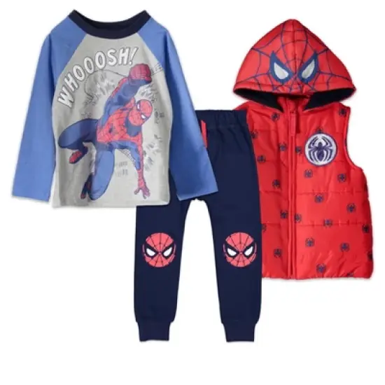Marvel Avengers Spider-Man Baby Zip Up Vest Puffer T-Shirt and Jogger Pants 3 Piece Outfit Set Infant to Big Kid image {7}