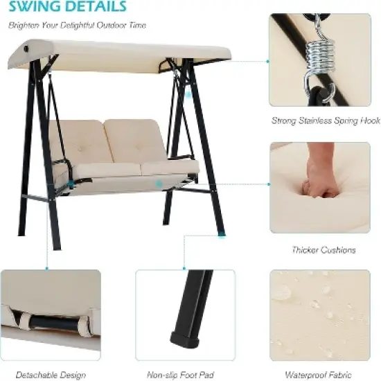 COWLOWN Beige Outdoor 2 Seat Swing Chair with Adjustable Canopy and Removable Cushion, Suitable for Backyard, Garden, Yard, Poolside, Balcony image {7}
