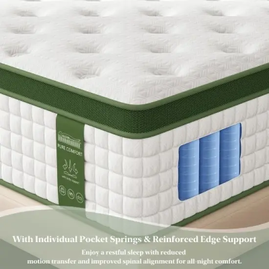 FURNIinspire Mattresses Full Size Hybrid Mattress with Gel Memory Foam Pocket Springs, Pressure Relief Plush Mattress, White, 75"*54"*12" image {2}