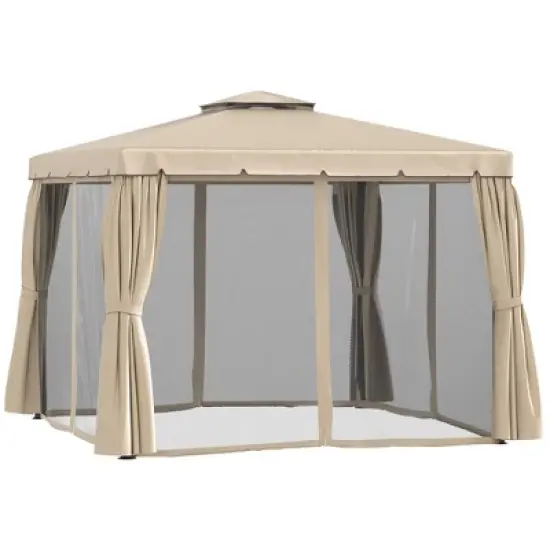 Outsunny 10' x 10' Patio Gazebo Outdoor Canopy Shelter with Double Vented Roof, Netting and Curtains for Garden, Lawn, Backyard and Deck, Khaki image {3}