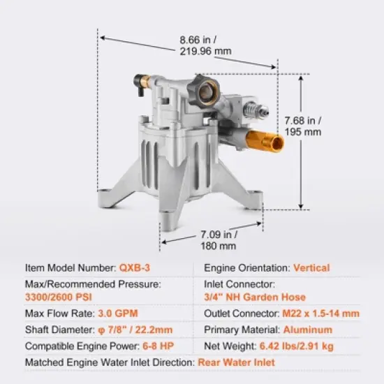 VEVOR Pressure Washer Pump, 7/8" Shaft Vertical, 3300 PSI, 3.0GPM, Replacement Power Washer Pumps Kit with 5 Nozzles,Hardware and Siphon Tube,Silver image {7}