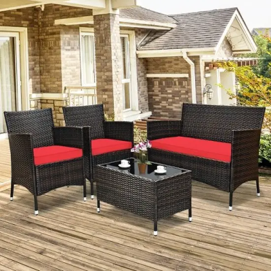 Costway 4PCS Outdoor Patio Rattan Furniture Set Table Shelf Sofa W/ Turquoise/Red/Gray Cushion image {11}