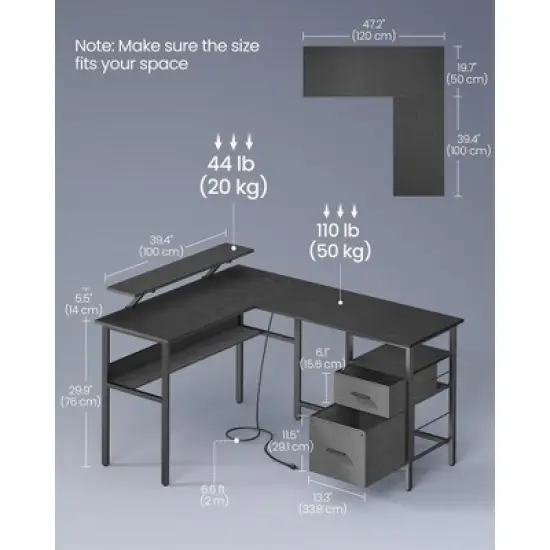 L-Shaped Desk with Power Outlets, Computer Desk with Monitor Stand, 2 Drawers, for Home Office image {5}