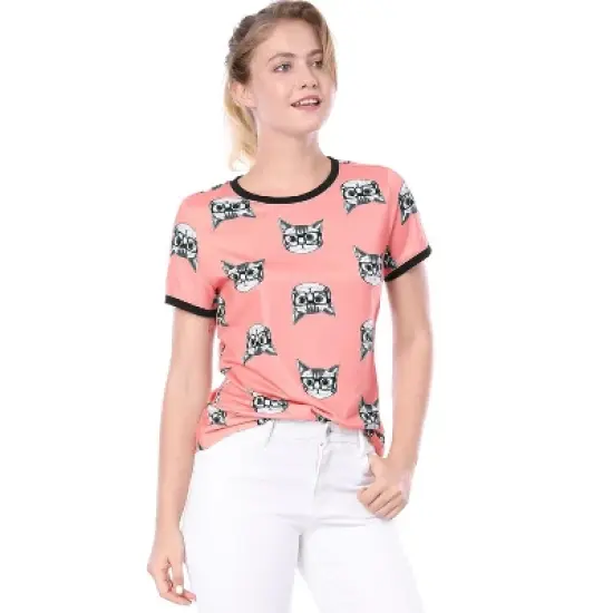 Allegra K Women's Cat Contrast Cartoon Print Tee Casual Summer T-Shirt image {7}