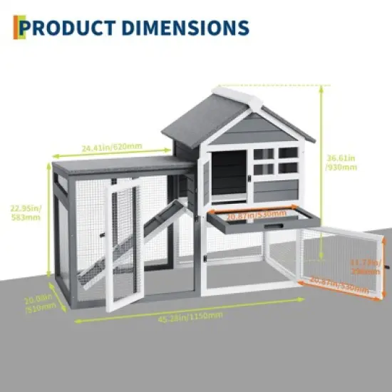 GustoWave 45" Rabbit Hutch Indoor and Outdoor 2-Story Rabbit Cage with Pull Out Tray, Waterproof Fir Wood Pet House with Wooden Ramp image {1}