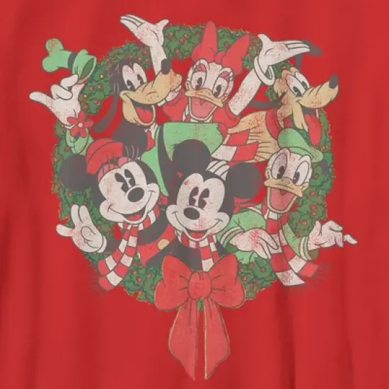 Boy's Mickey & Friends Christmas Distressed Group Wreath T-Shirt image {1}