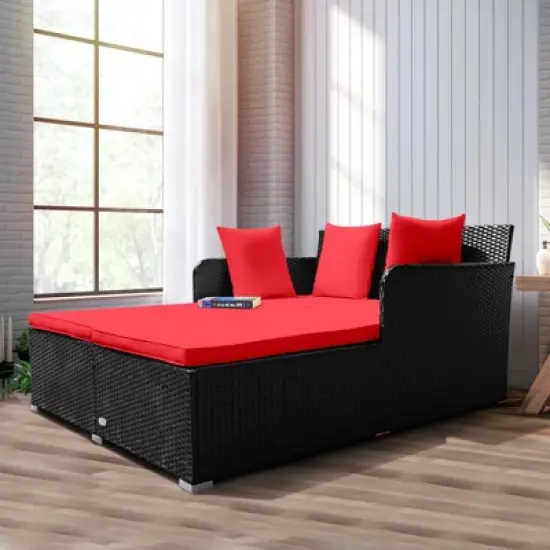 Tangkula Patio Rattan Daybed with 4 Pillows Cushioned Sofa for Outdoor image {2}