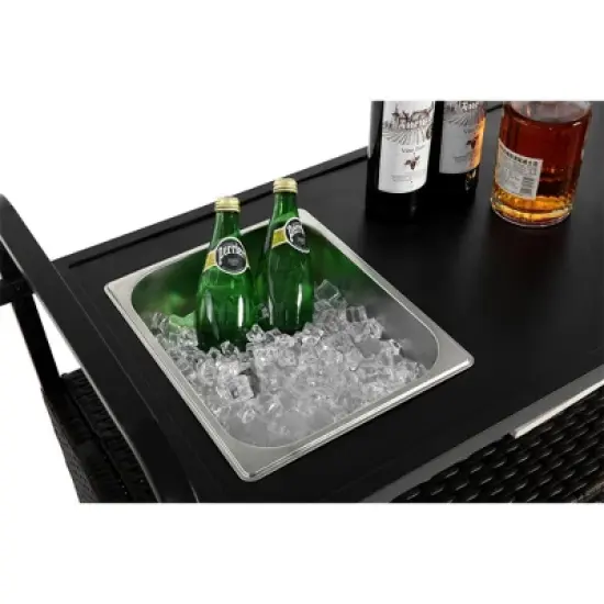 Anybear Patio Bar Table, Wicker Bar Cart with Cabinet, one ice bucket,Lockable Wheels, Side Basket for Garden, Poolside & Backyard, Black image {8}